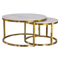 Nesting Coffee Tables- 2 Pack – Rounded Marble Top – White / Gold Colours