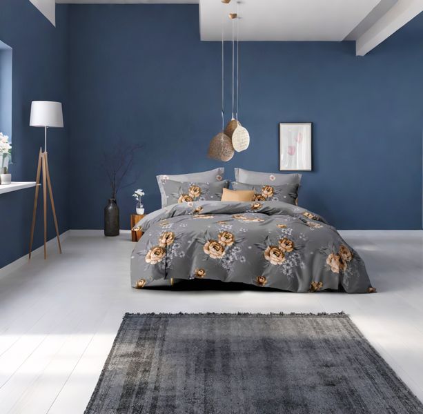 Grey Polyester Flowers Duvet Cover 6Piece