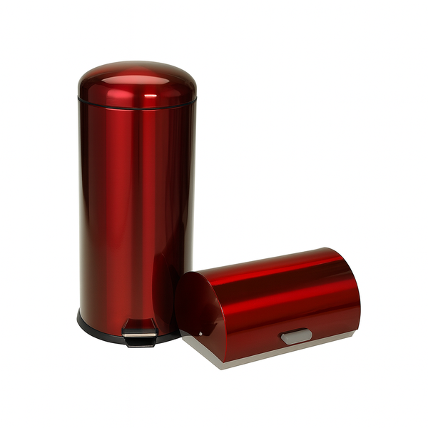 Red Metallic Bread Bin and Pedal Dustbin Set - Modern Kitchen Storage Combo