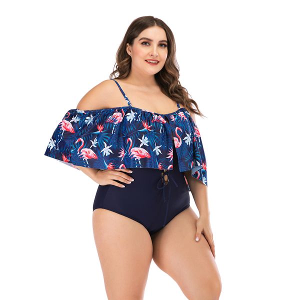 Iconix Plus Size Blue Flamingo Frill One-Piece