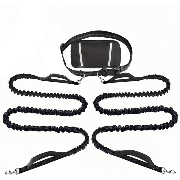 Hands Free Dog Running Leash Adjustable Waist Belt Dual Retractable Handles