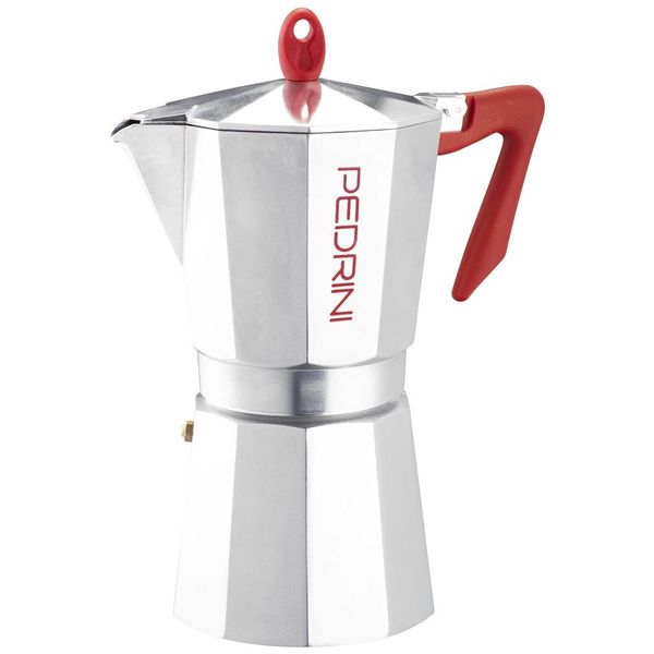 Pedrini 9 Cup Aluminium Polished Coffee Maker - Red