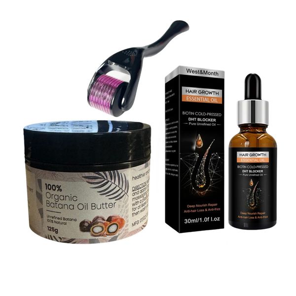 100% Natural Batana Oil Butter, Cold Pressed Biotin Oil &amp; Derma Roller