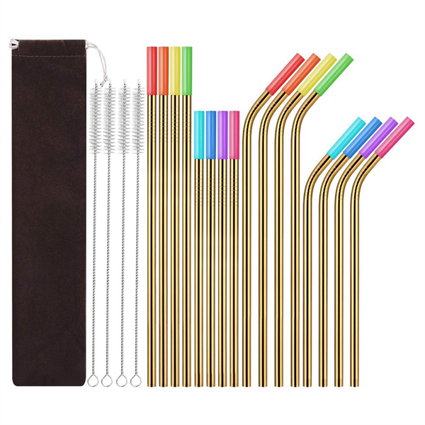 1Set-Stainless Steel Straw Set Silicone Mouth Straw Brush Gold