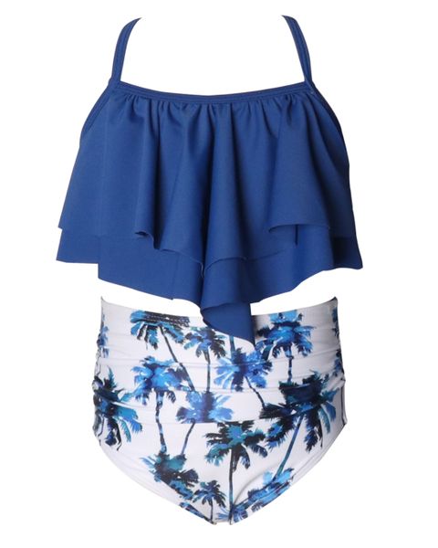 Olive Tree - Girls Ruffled Flounce Leafy Bikini Swimsuit - Blue