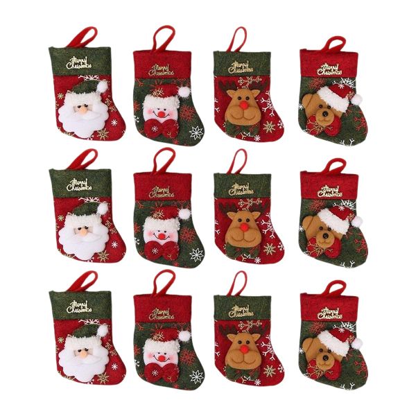 12 Pack Christmas Stockings Santa Claus Snowman Reindeer Bear Decorations