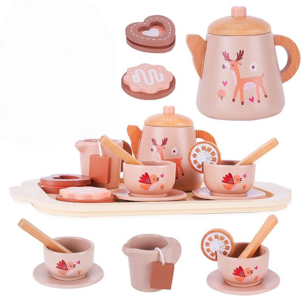 Wooden tea set for kids, 10 pieces, pink, +3 years