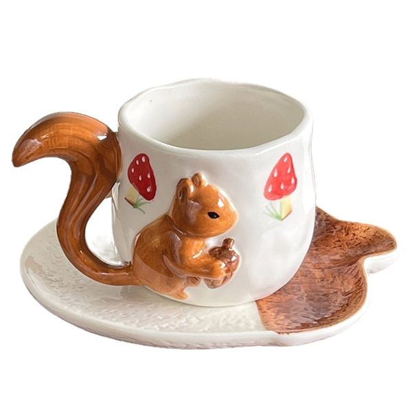 Lovely Squirrel Relief Porcelain Cup&amp;Sauce Coffee Mug Dining Table Flower M