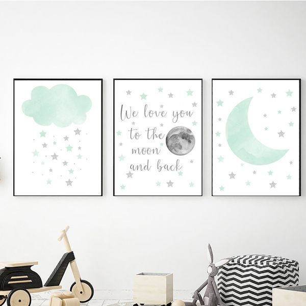 Cloud &amp; Moons in Green - A3 Canvas -Set Of 3