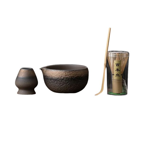 5-Piece Japanese-Inspired Matcha Tea Set - Vintage Gold-Embellished Pottery
