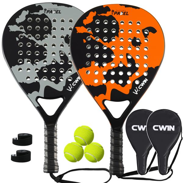 2 Padel Rackets with Covers, 3 Balls and 2 Grips, Carbon Fiber