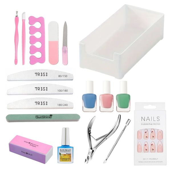 18-Piece Nail Care Set - Tools, Nail Polishes, Press-On Nails &amp; Cuticle Oil