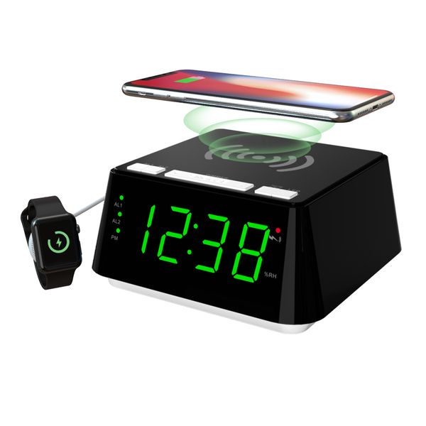 Dual Alarm Clock with Wireless Charging Indoor Temperature Humidity Display
