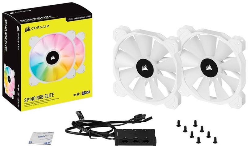 Corsair White SP140 RGB ELITE - 140mm RGB LED Fan with AirGuide - Dual Pack with Lighting Node CORE
