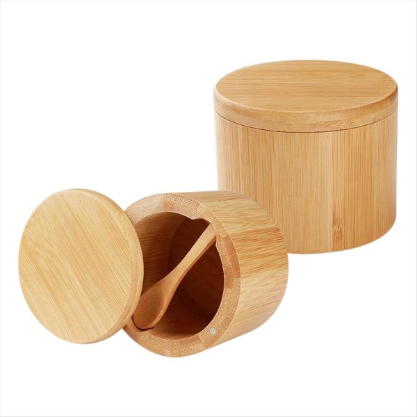 Bamboo Salt Shaker 2 Pcs Salt Box With Built-In Spoon