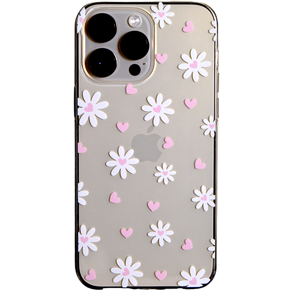 White Flowers with Pink Hearts on Clear - Phone Case - Iphone 15 Pro Max