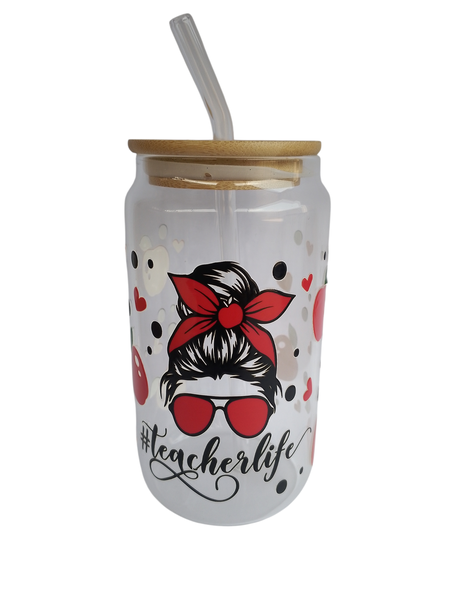 Teacher Print Drinking Glass Cup/Jar with Bamboo Lid &amp;Glass Straw (480mL)