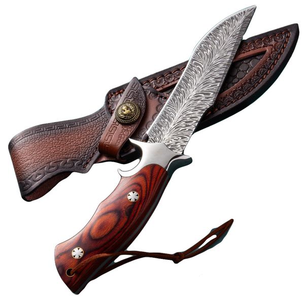 Steel Knife with Rosewood Handle &amp; Leather Sheath for Camping Hunting Gift
