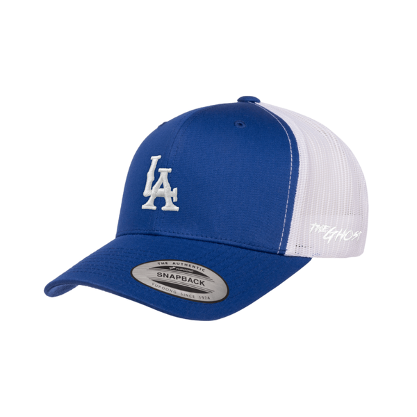 The Ghost Flexfit Royal Blue &amp; White Retro LA Trucker Snapback Cap