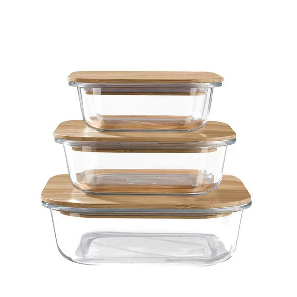 Rectangular Glass Food Storage Container Set with Sealed Bamboo Lids