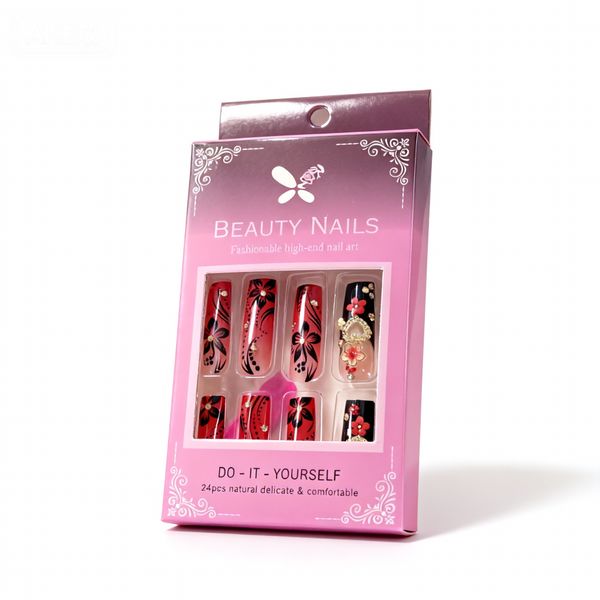 Press On Nails 3D Rhinestone Heart Hand Painted Flower Red