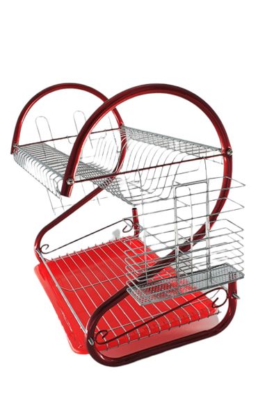 Dream World Space Saving Stainless Steel 2-Tier Kitchen Dish Rack-Red