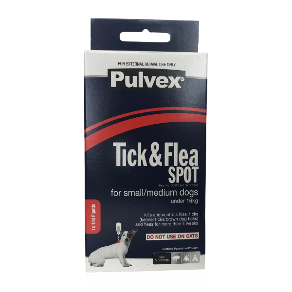Pulvex Tick &amp; Flea Spot for Small/Medium Dogs under 16kg -1ml Pipette