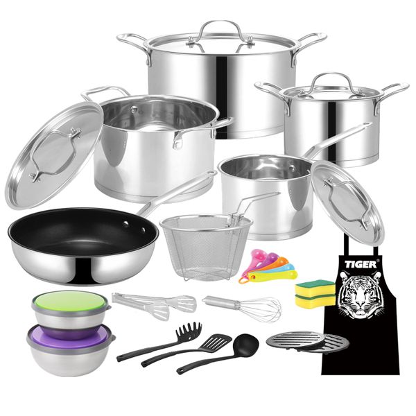 Tiger Stainless Steel 29 Piece Cookware Set - Stainless Steel Lid Edition
