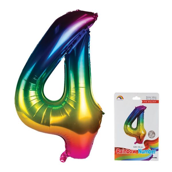 Balloon - Aluminium Foil - Metallic Rainbow - Number 4 - 106cm - 12 Pack