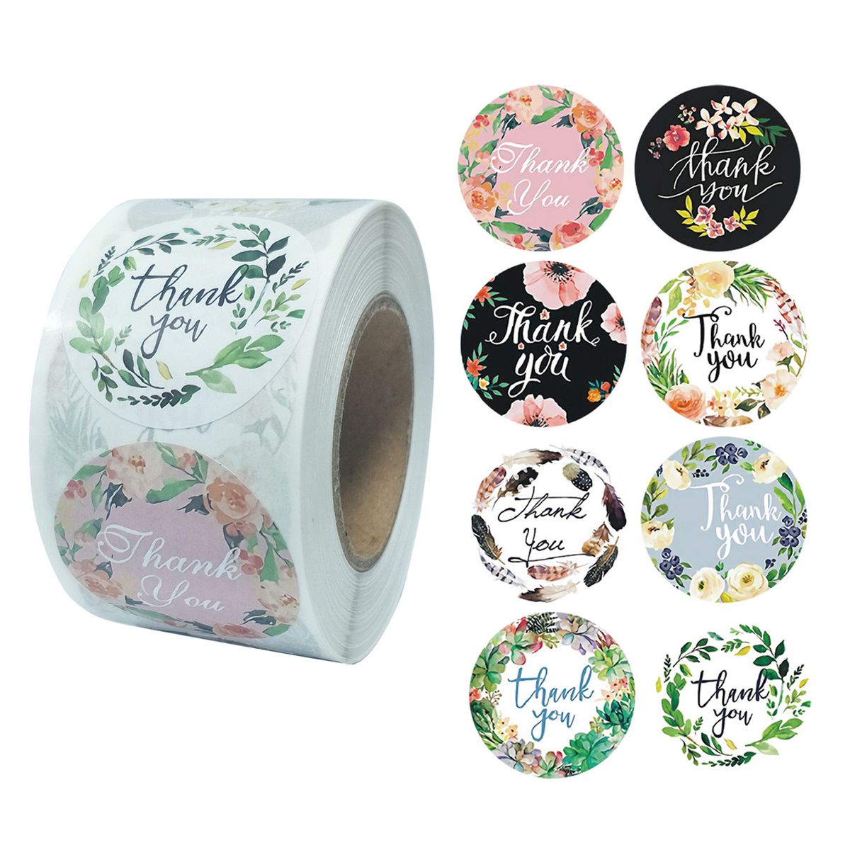 Thank You Stickers - 8 Patterns 500 Stickers 3.8cm Roll - Flower Leaf ...