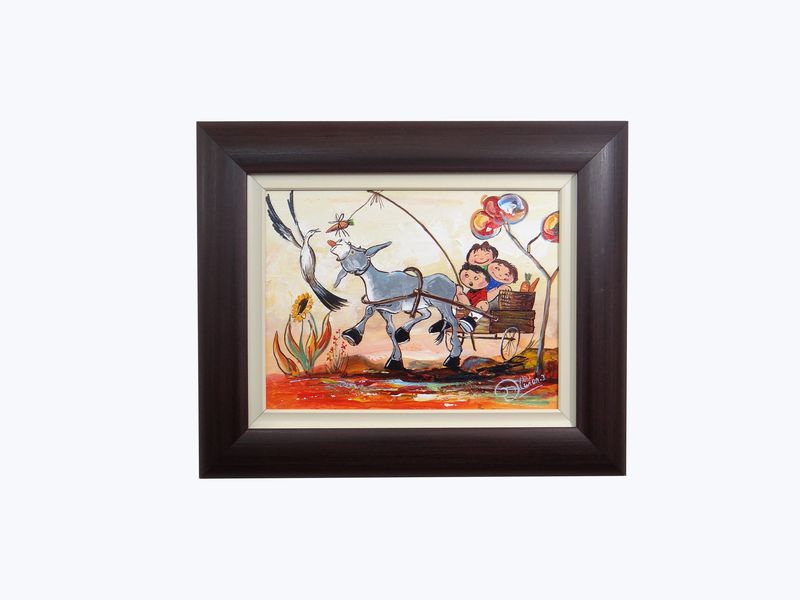 Exclusive Home Decor-The Kids and Donkey (Framed Acrylic Fine Art Painting)