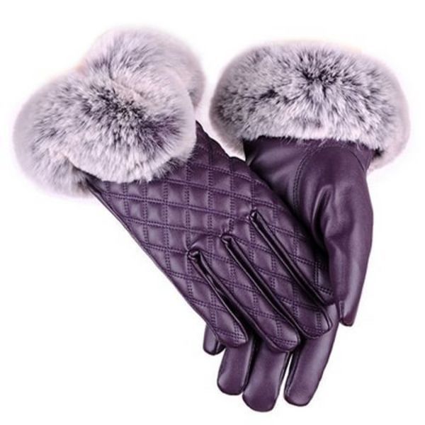 Faux Leather Mittens Gloves For Women - Purple