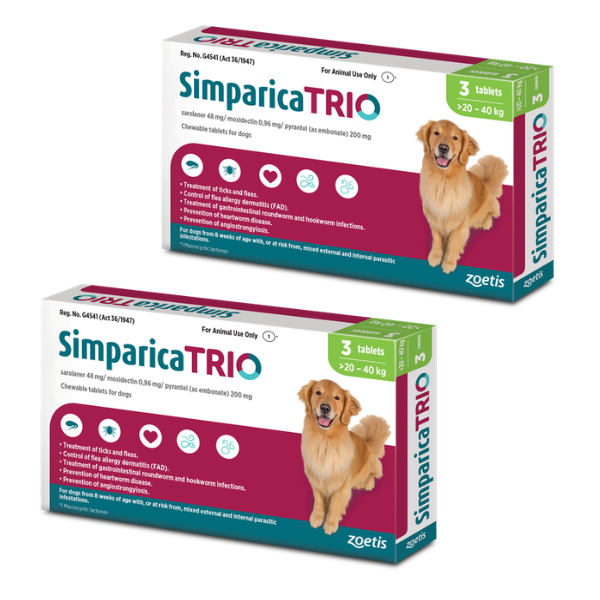 Simparica Trio 20.1-40kg-Flea, Tick &amp; Deworming Chewable Tablets x3 -2 Pack