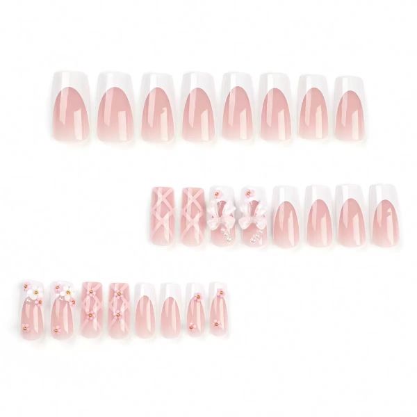 Cute pink and white 3D French manicure with bow-shaped nail tips