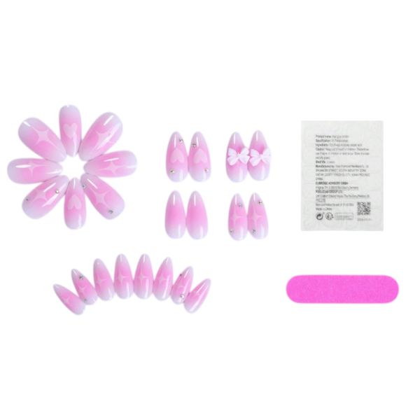 24 Piece Glossy Medium Almond Gradient Heart And Bow Press On Nail Set - Pink