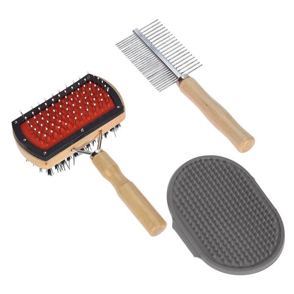 3-Piece Pet Brush Set with Maple Wood Handles, Soft &amp; Hard Bristles