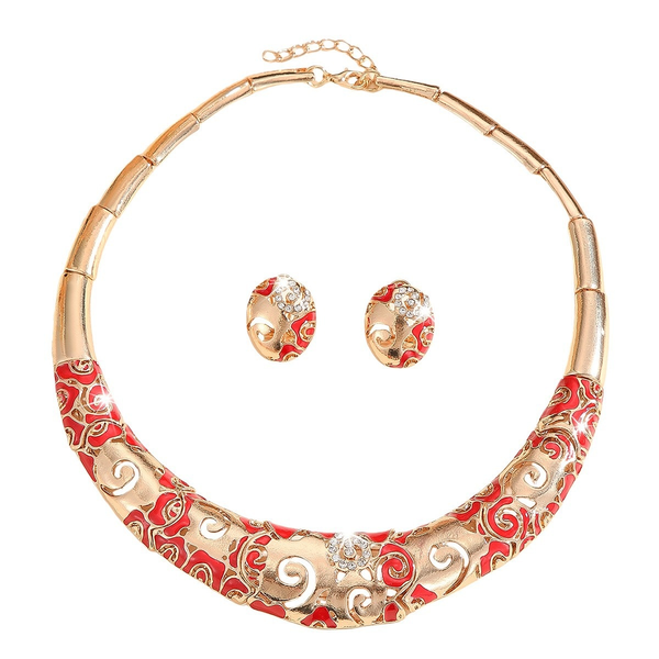 ZELTRYN Red Enamel Swirl Crystal Choker Jewelry Set