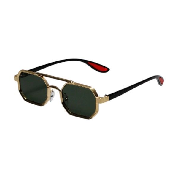 Geometric Octagon Sunglasses With Gold Frame &amp; Red Temple Tips - Multicolor