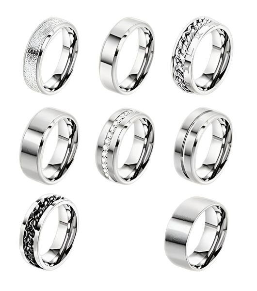 Mens Rings Stainless Steel Silver Colour 8 Rings With Unique Designs Size 9