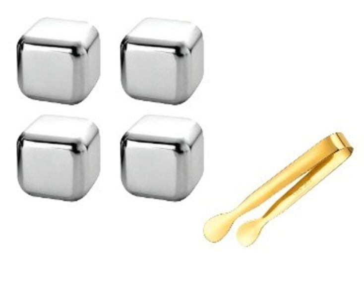4 Piece Stainless-Steel Freezing Ice Cube Stones with Gold Tong