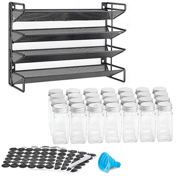 ALANES 4 Tier Spice Racks Organiser with 28 Piece Glass Spice Jars Set