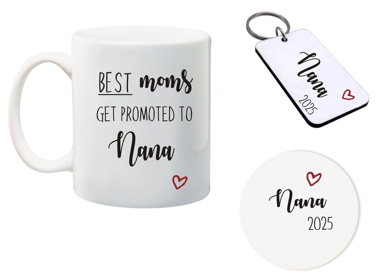 Best Mom's get promoted to Nana Mug, Glass Coaster&amp;keyring gift Combo