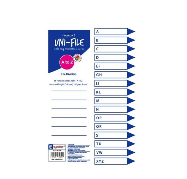 Marlin - File Dividers 160gsm Bright Board: A To Z 16 Tabs (Pack Of 10)