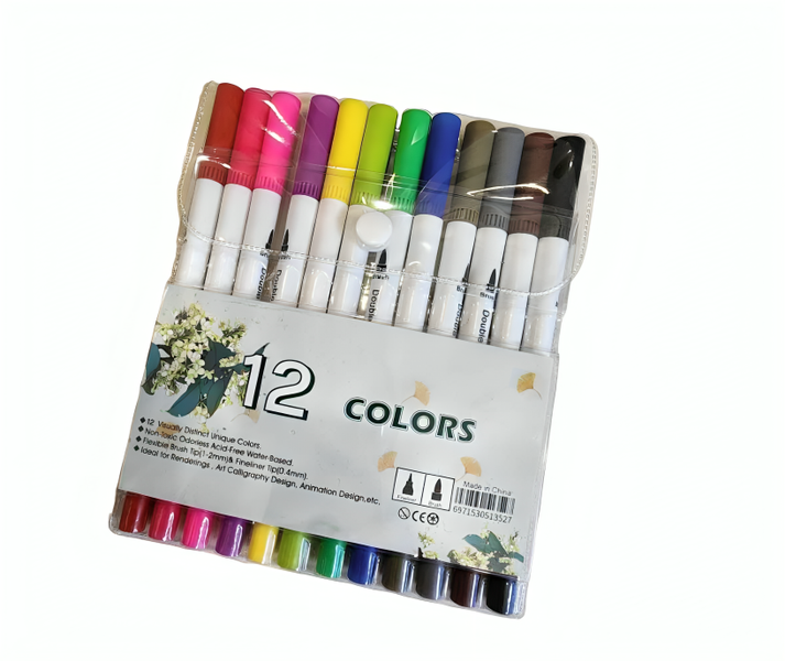 12 Colors Dual Tip Writting Drawing Markers Pens Fine Line-ngat
