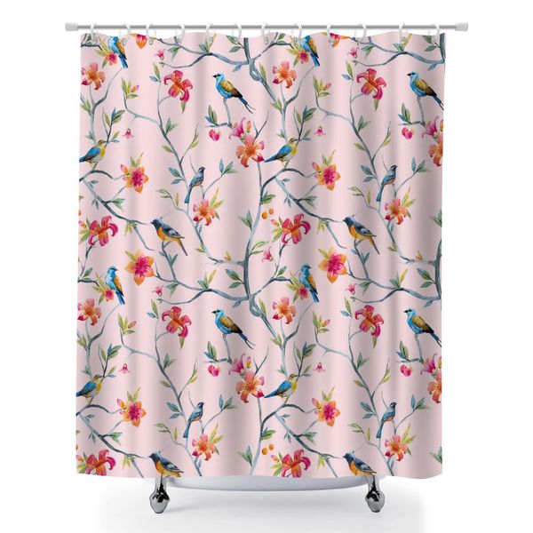 Floral and Bird Print Shower Curtain Sets with 12 Hooks, Decorative Curtain