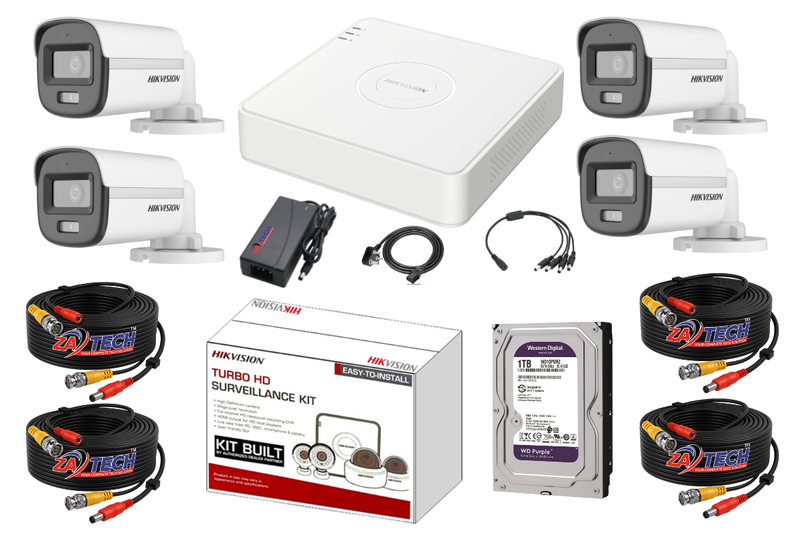 Hikvision 4-Channel ColorVu CCTV Kit with 1TB WD HDD, Zatech 20m Cables