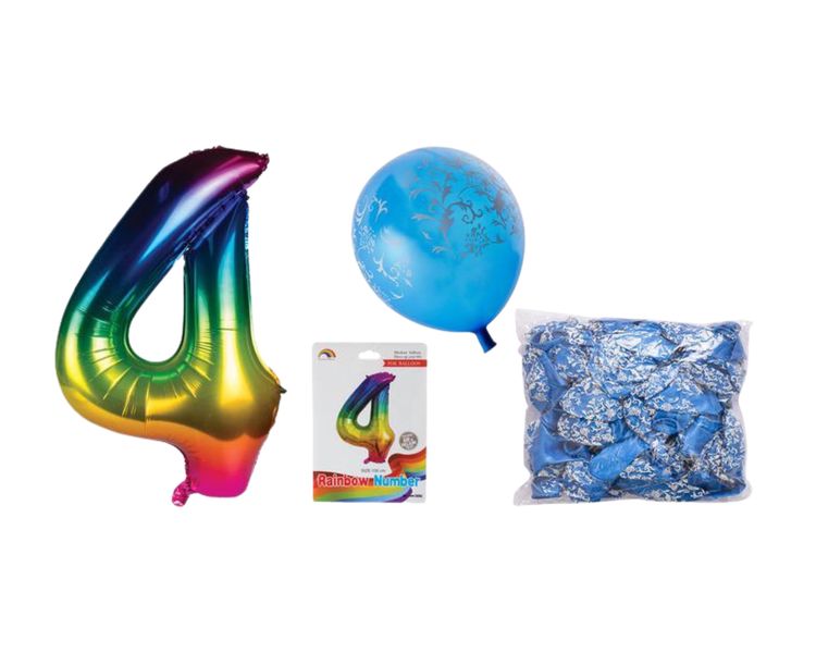 Birthday Age 4 Balloon Rainbow + Blue ballons