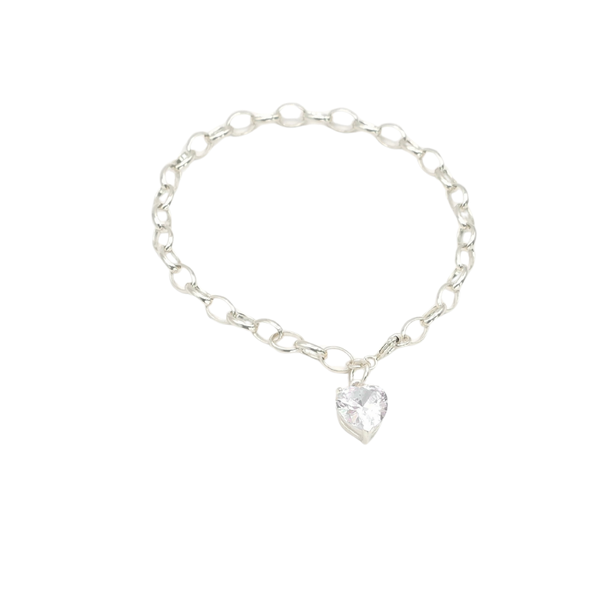 925 Sterling Silver Oval Link Bracelet with CZ Stone Heart Charm