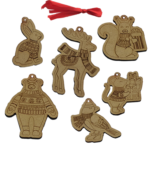 Christmas MDF Wood Tree Ornaments - Pack of 6 - Animals