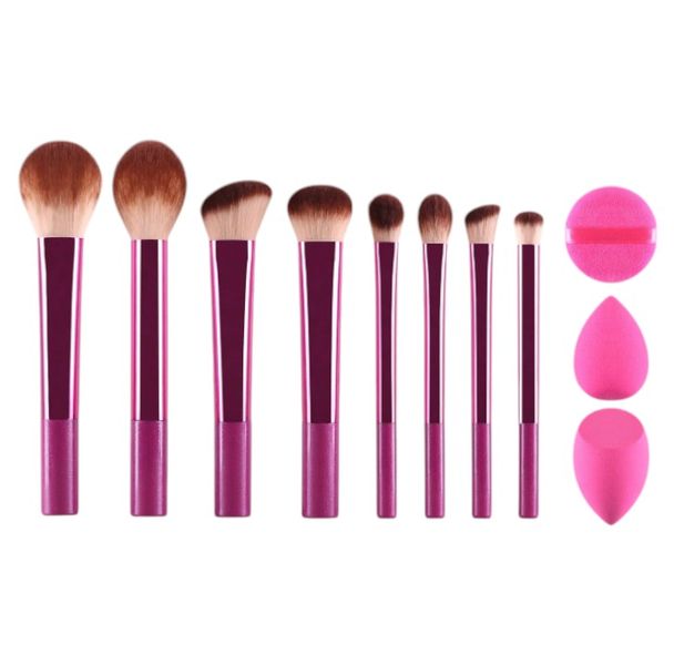 11-Piece Makeup Brush Set With Beauty Blenders And Powder Puff - Purple